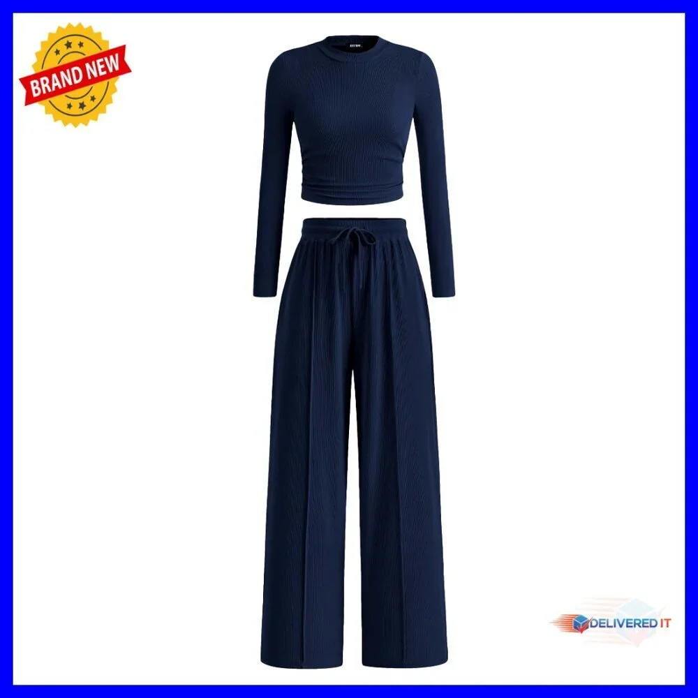 Long Sleeve Crop Top & Wide Leg Pants Matching Lounge Set Size Small